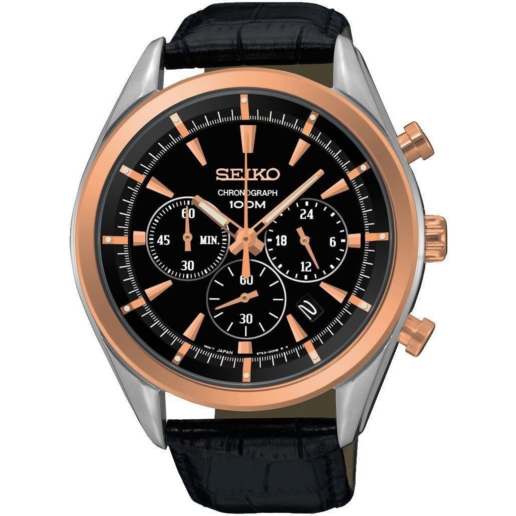 Seiko Men's SSB172 Chronograph Chronograph Black Leather Watch - Bezali