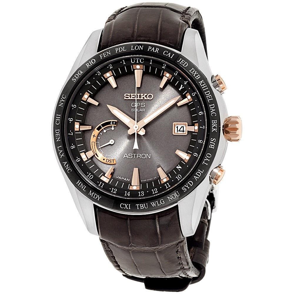 Seiko Men's SSE095 Astron GPS Solar World Time Brown Leather Watch - Bezali