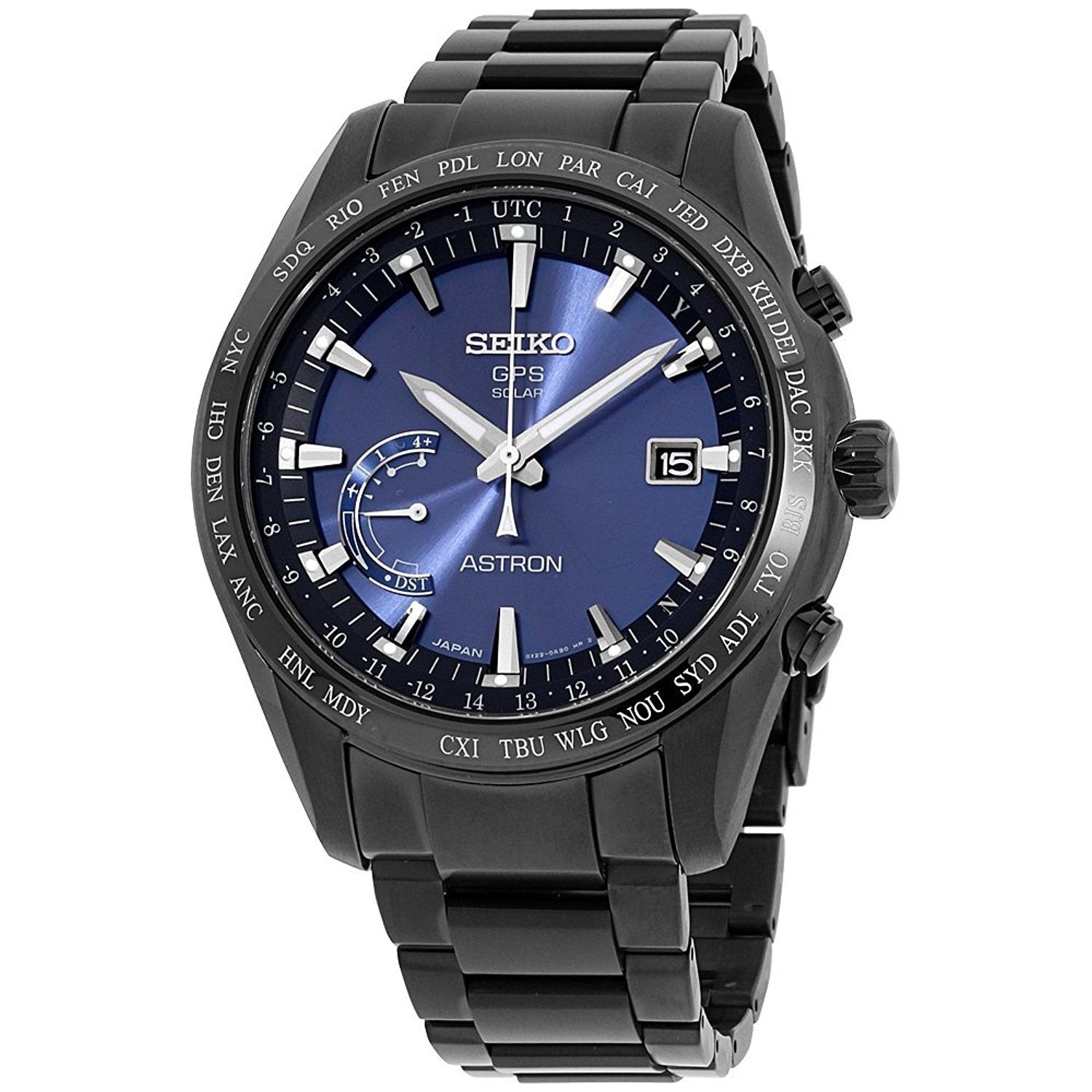 Seiko Men's SSE111 Astron GPS Solar World Time Black Titanium Watch - Bezali