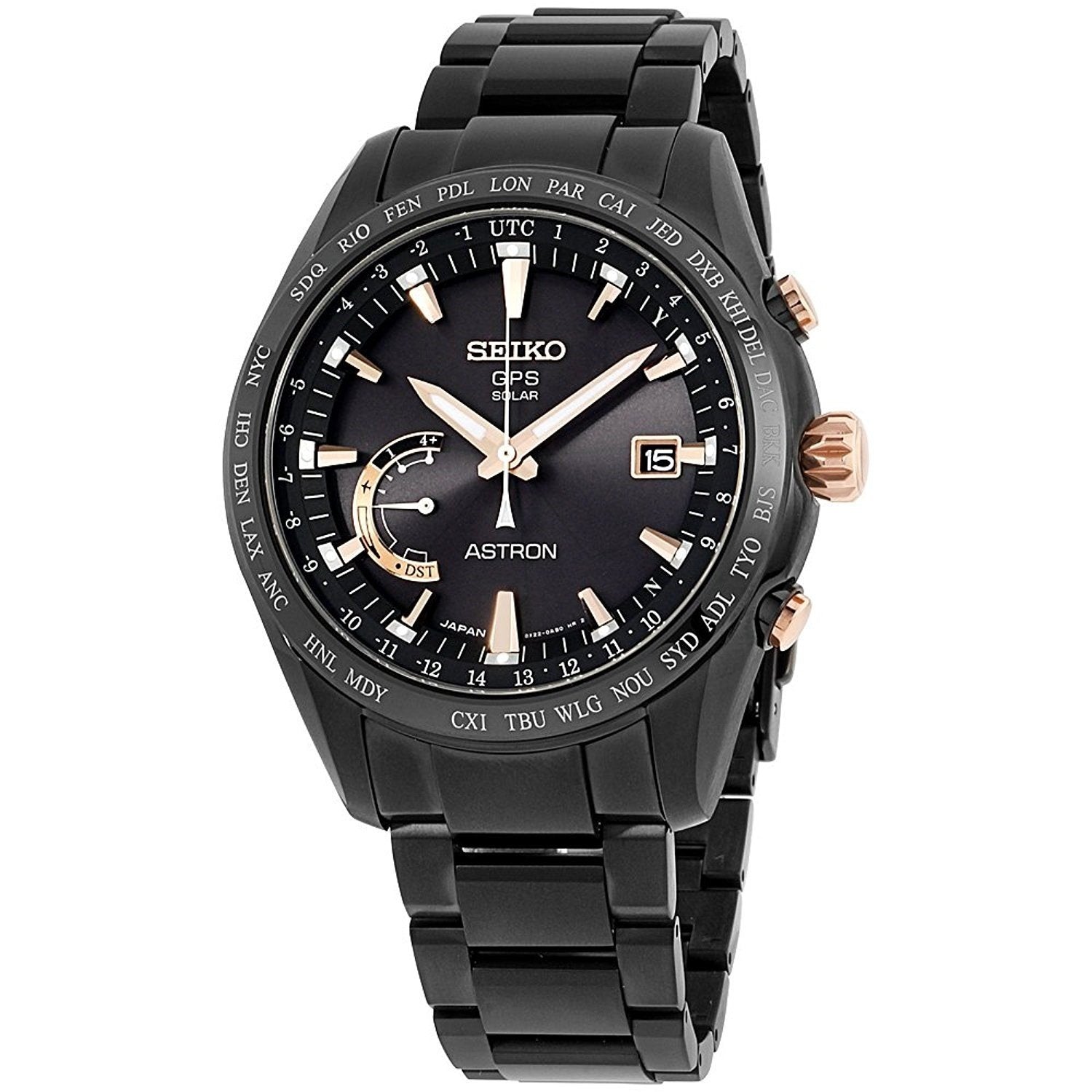 Seiko Men's SSE113 Astron GPS Solar World Time Black Titanium Watch - Bezali