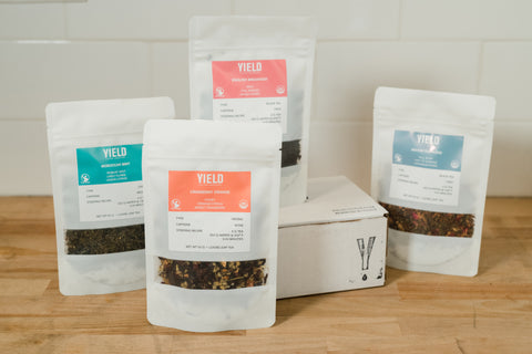 yield loose leaf tea bags in a sample box