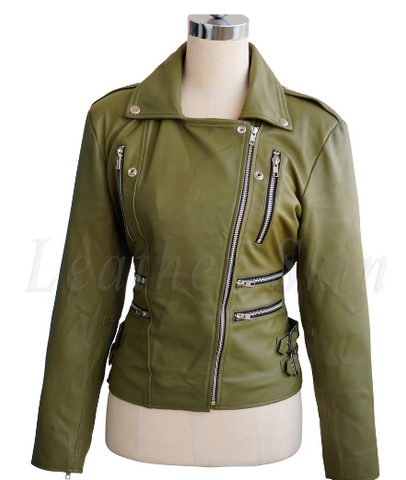 Women Olive Green Brando Detachable Hooded Hood Genuine Leather Jacket