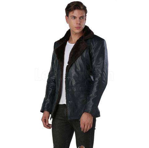 Men's Navy Blue Leather Coat