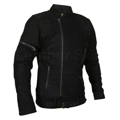 Men Black Suede Belted Leather Jacket With Zippers On Shoulders