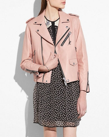 Coach Powder Pink Moto Leather Jacket for summer 