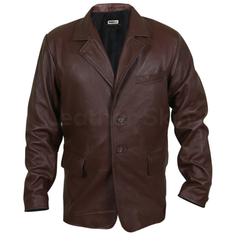 Men Brown Genuine Leather Coat With Plain Lining