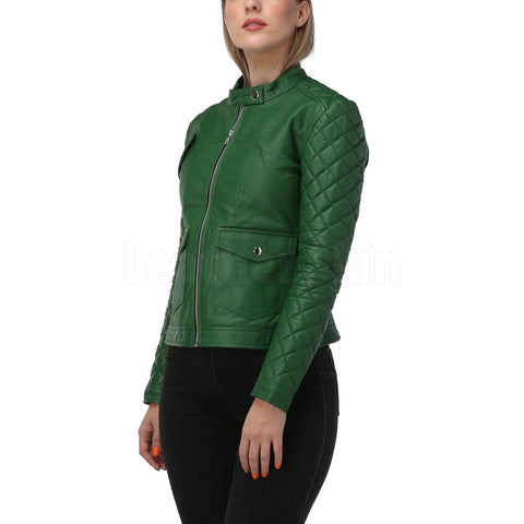 Women's Quilted Green Leather Jacket