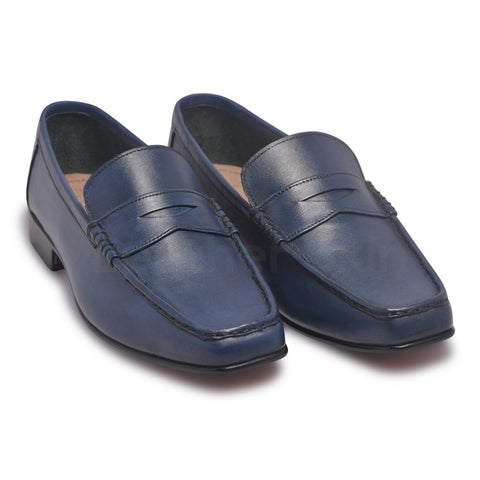 Men Blue Penny Loafer Slip-On Genuine Leather Shoes