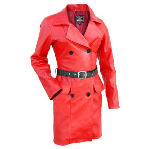 Leather Skin Women Red Fashion Premium Genuine Long Leather Coat