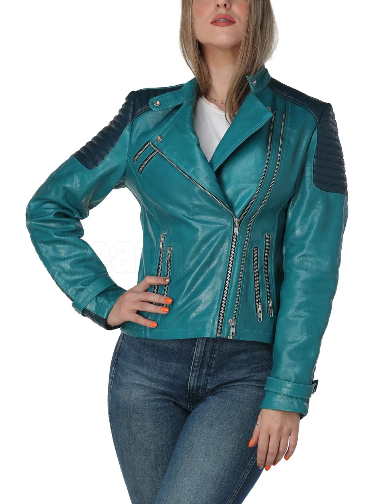Womens Casual High Quality Navy Blue Leather Jacket Outfit