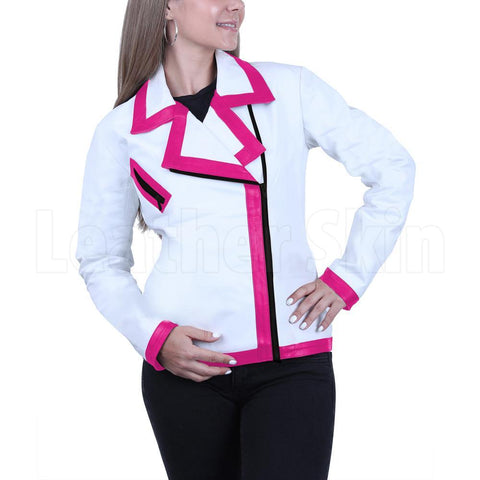 White leather Jacket with pink strips