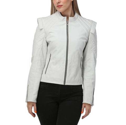 Women's Quilted White Leather Jacket