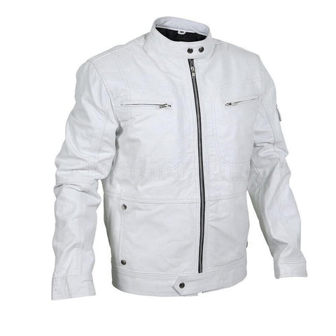 White bomber leather racer jacket