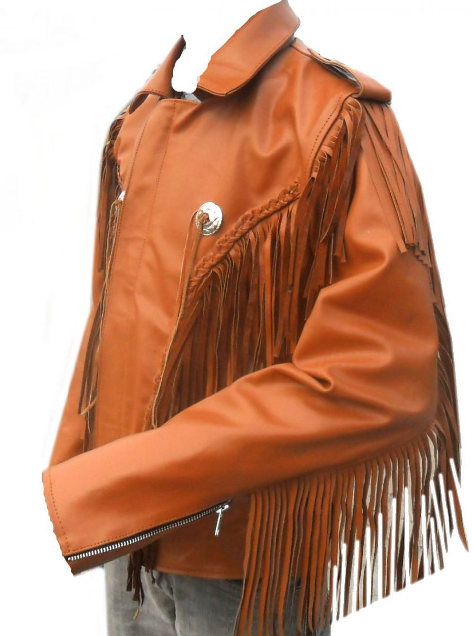 Leather Skin Men Orange Western Fringes Cowboy Genuine Real Leather Jacket