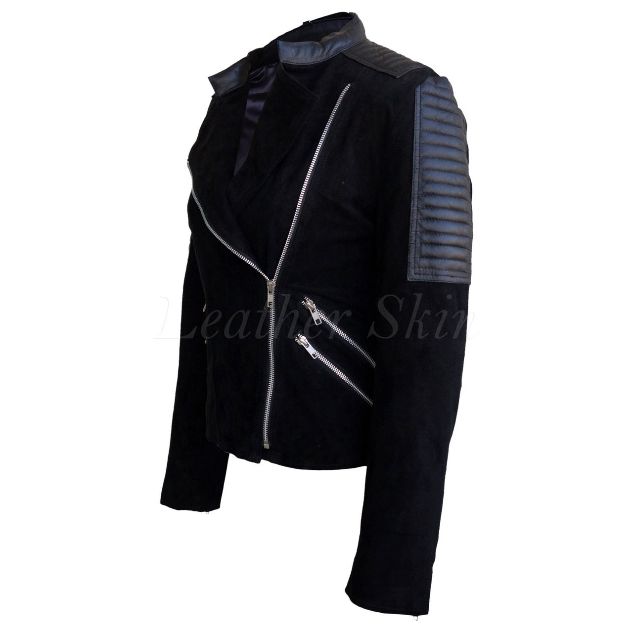 Leather Skin Women Black Brando Suede Sleeve Shoulder Padded Leather Jacket