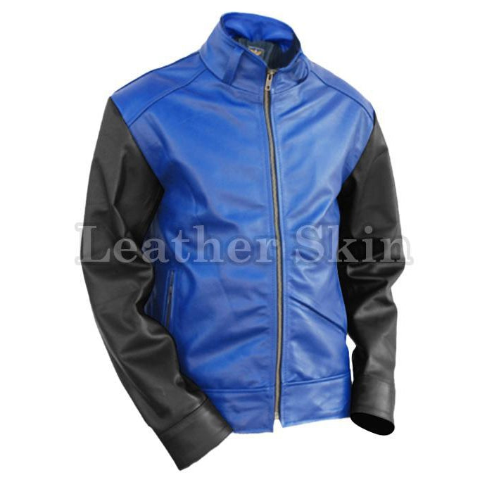 Leather Skin Men Blue Genuine Leather Jacket with Black Sleeves