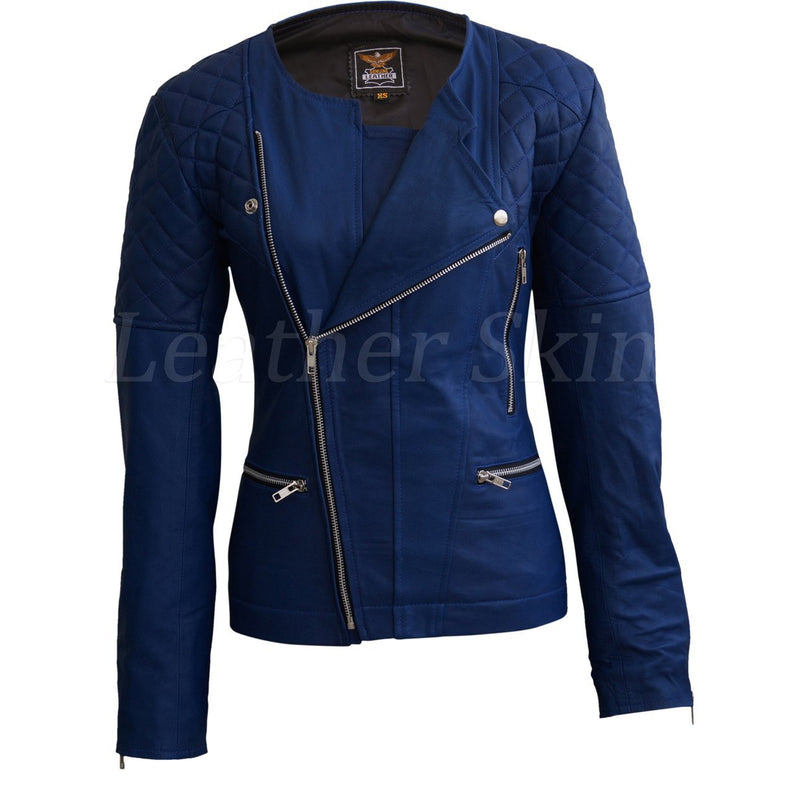 Leather Skin Women Blue Shoulder Quilted Collarless Genuine Leather Ja ...