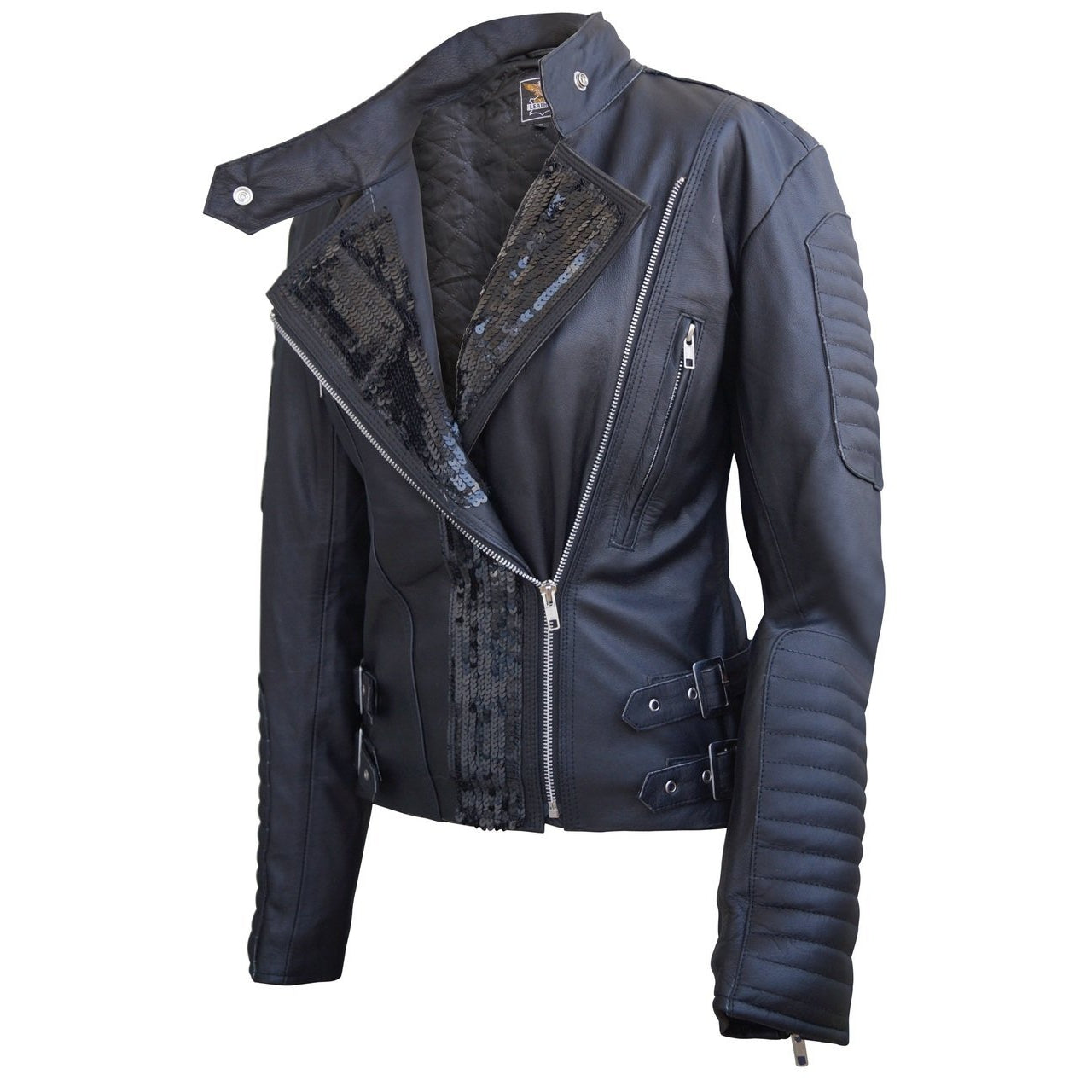 Leather Skin Women Black Genuine Leather Jacket with Black Stars