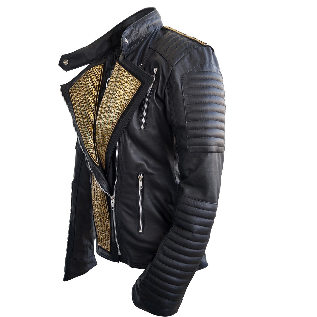 Leather Skin Women Black Genuine Leather Jacket with Gold Stars