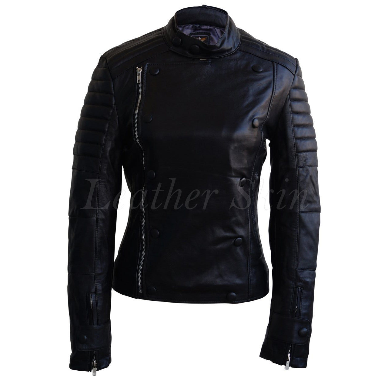 Leather Skin Women Black Military Sleeve Padded Brando Genuine Leather Jacket