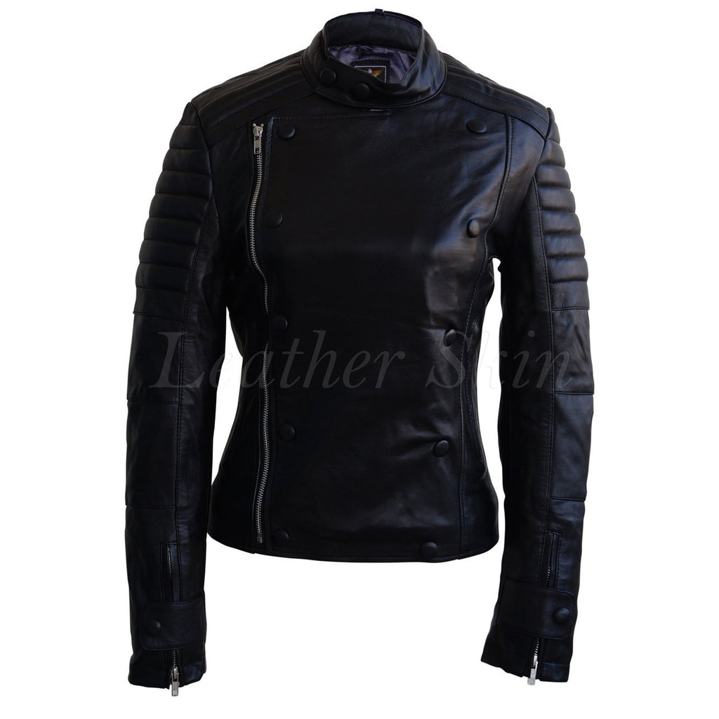 Leather Skin Women Black Military Sleeve Padded Brando Genuine Leather ...