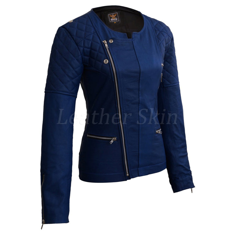 Leather Skin Women Blue Shoulder Quilted Collarless Genuine Leather Ja ...