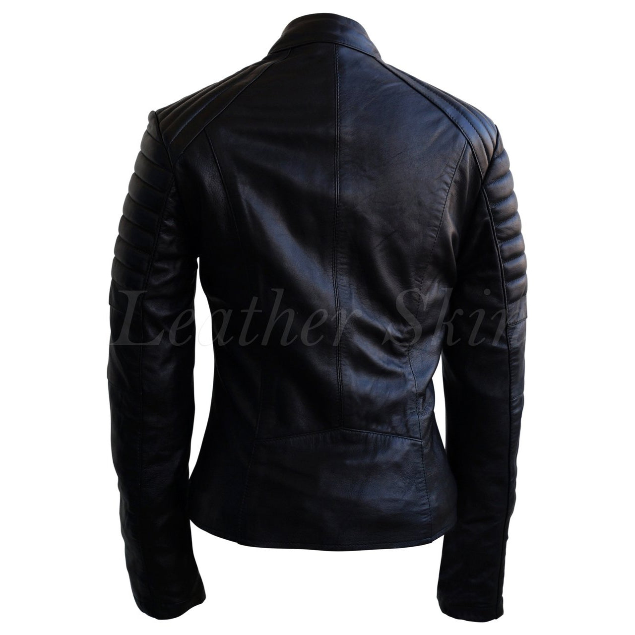 Leather Skin Women Black Military Sleeve Padded Brando Genuine Leather Jacket