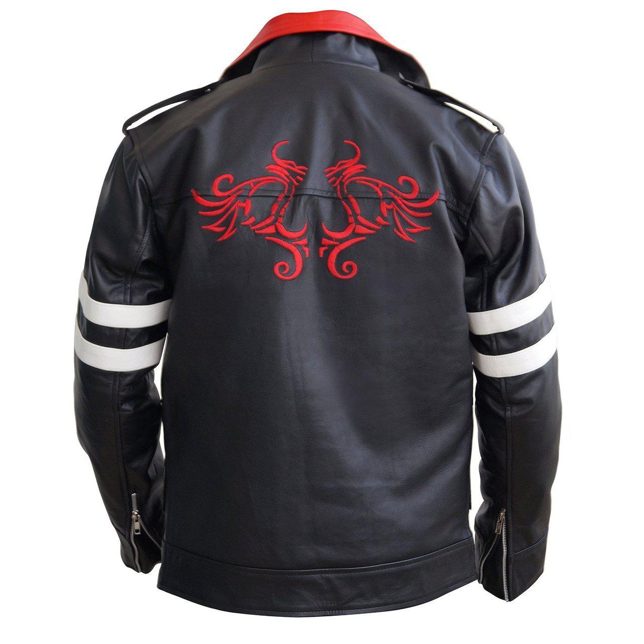 Leather Skin Black Leather Jacket with White Stripes and Dragon Embroided Patch