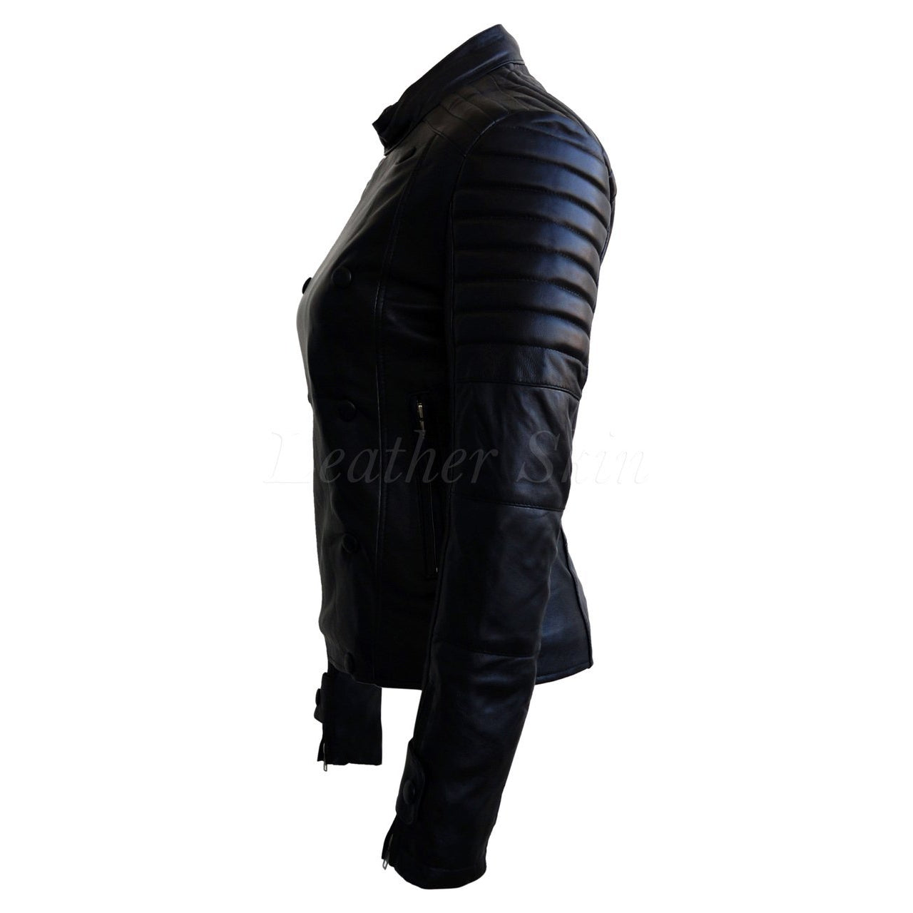 Leather Skin Women Black Military Sleeve Padded Brando Genuine Leather Jacket