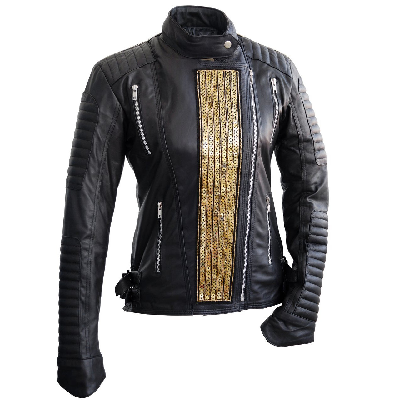 Women Black Handmade Padded Real Leather Jacket with Gold Zippers - Leather  Skin Shop