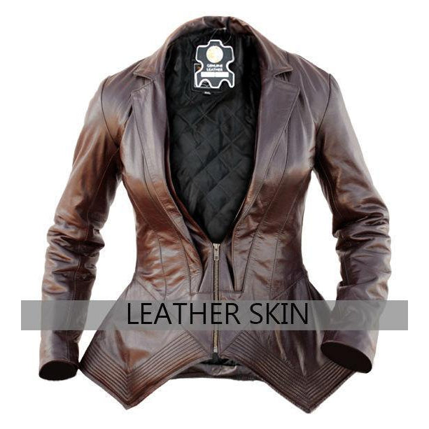 Leather Skin Brown Women Ladies with Open Chest Genuine Leather Jacket