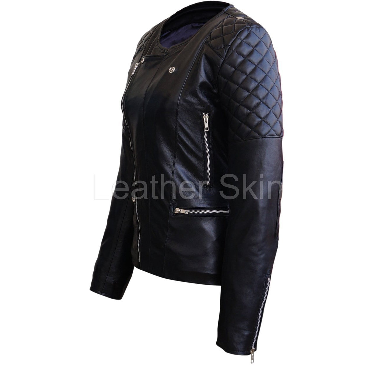 Leather Skin Women Black Brando Quilted Padded Genuine Leather Jacket