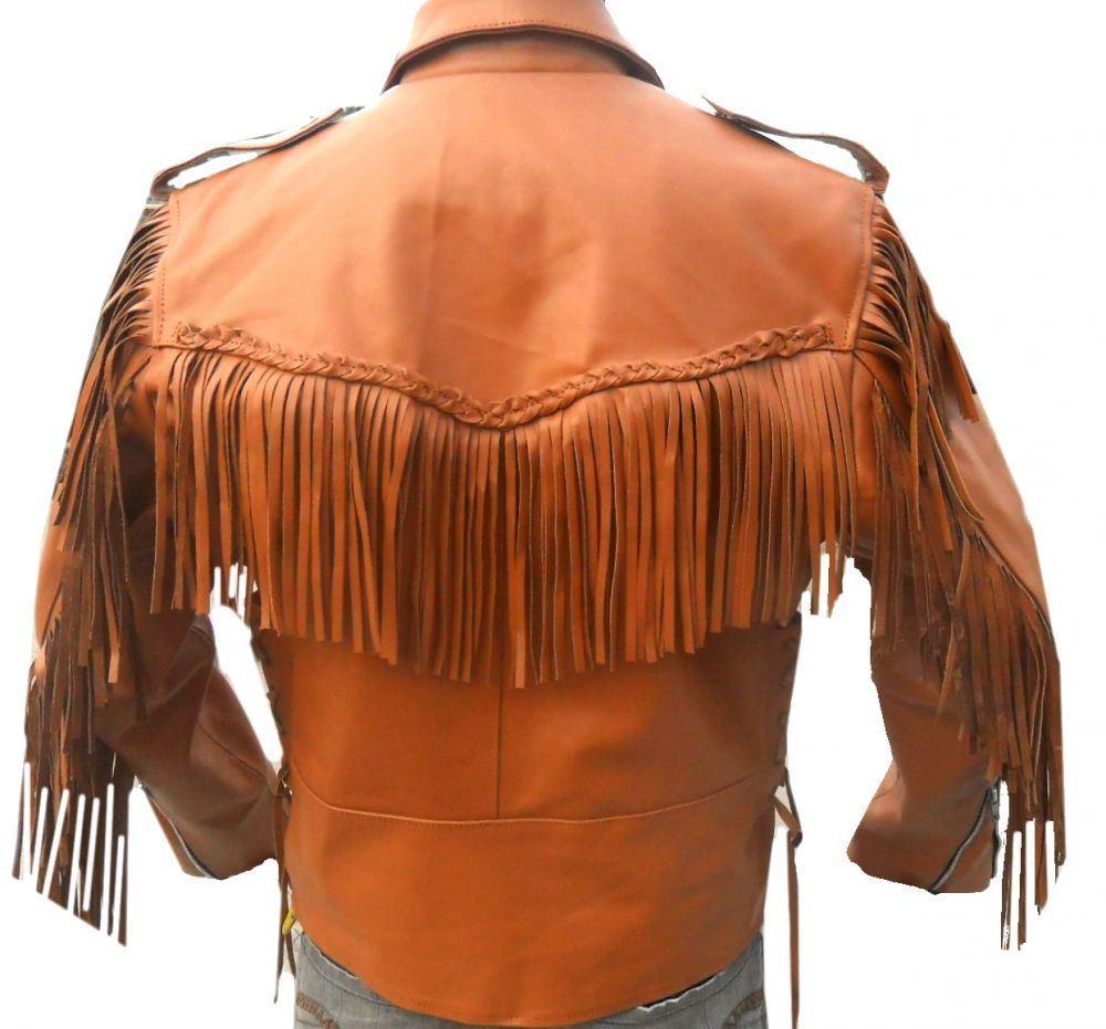 Leather Skin Men Orange Western Fringes Cowboy Genuine Real Leather Ja ...