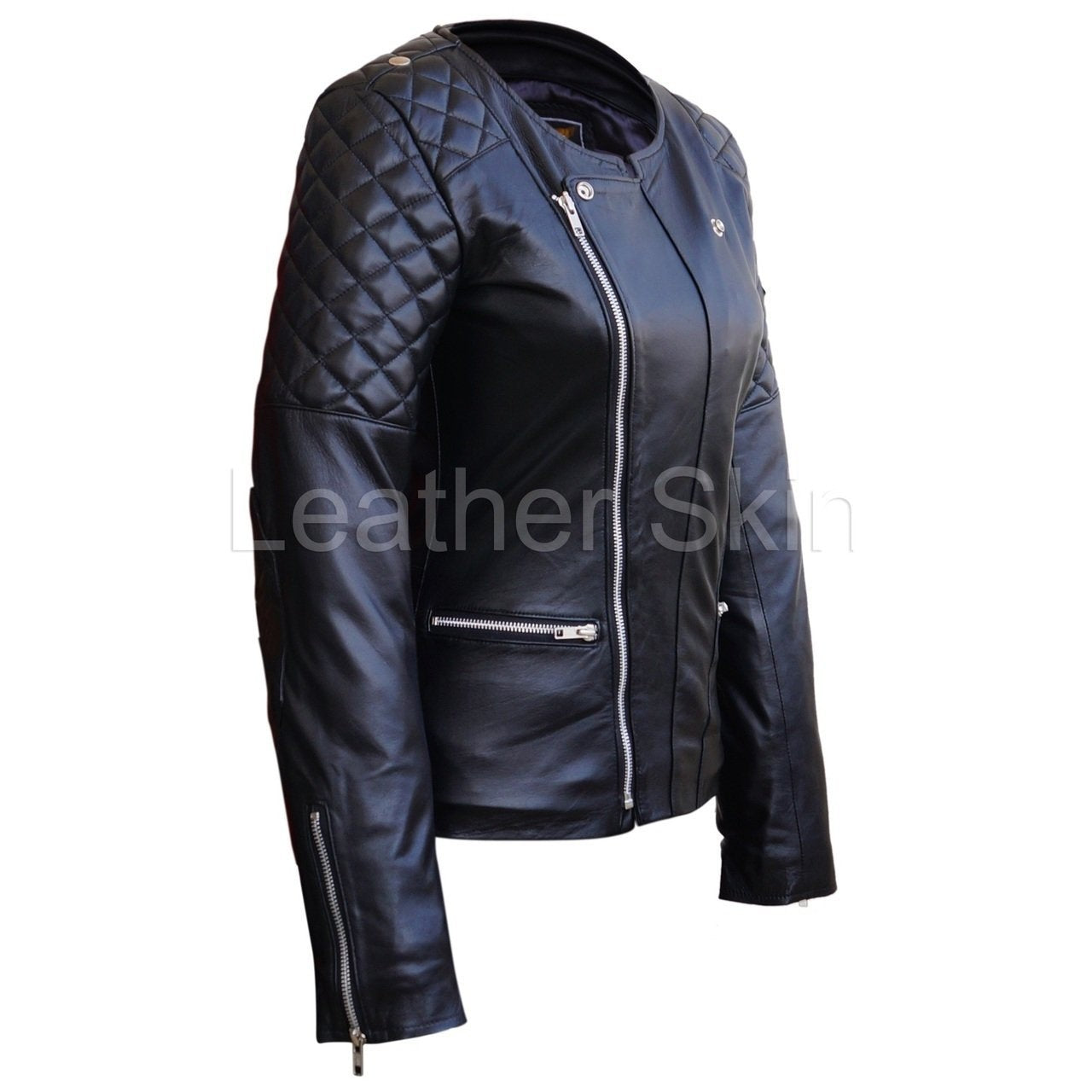 Leather Skin Women Black Brando Quilted Padded Genuine Leather Jacket