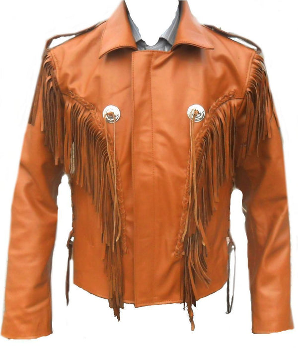 Leather Skin Men Orange Western Fringes Cowboy Genuine Real Leather Ja ...