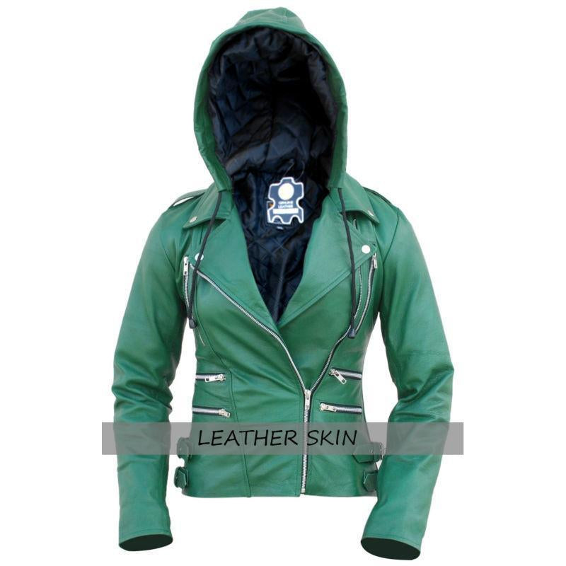 leather jacket with hoodie women's