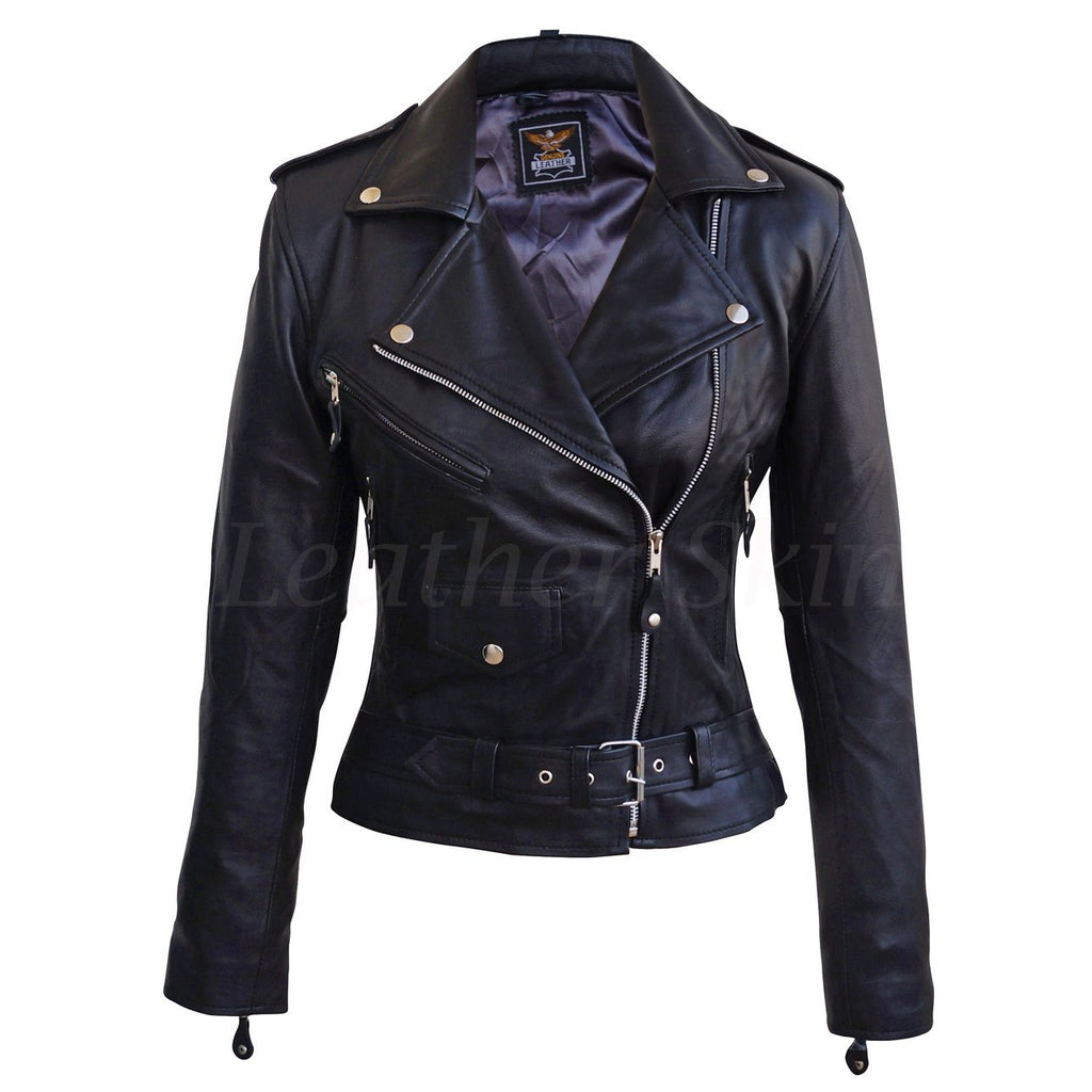 Leather Skin Women Black Brando Genuine Leather Jacket – Leather Skin Shop