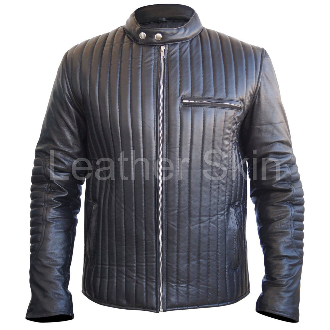 Leather Skin Men Black Rib Quilted Genuine Leather Jacket