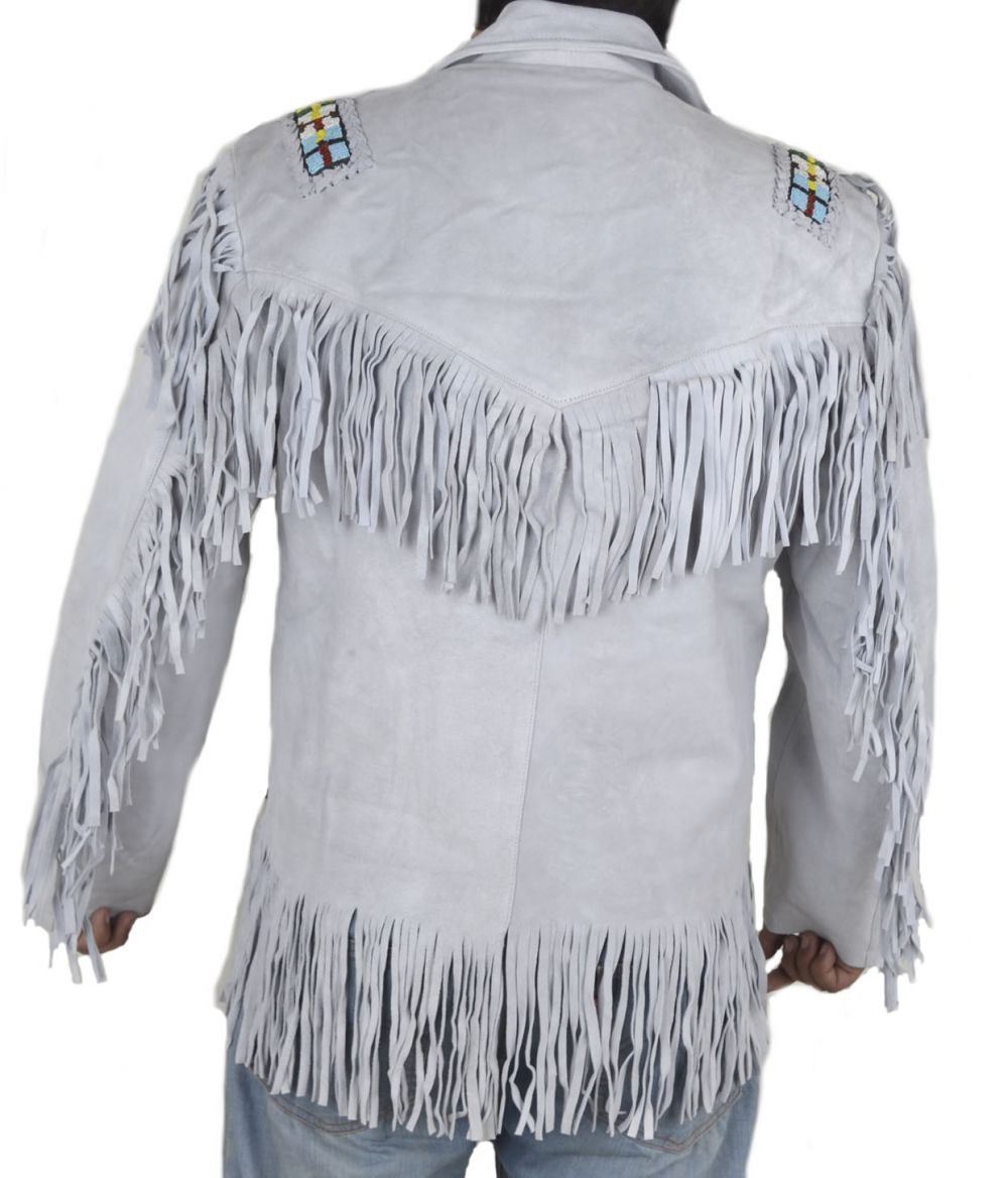 Leather Skin White Western Fringes Cowboy Genuine Real Leather Jacket