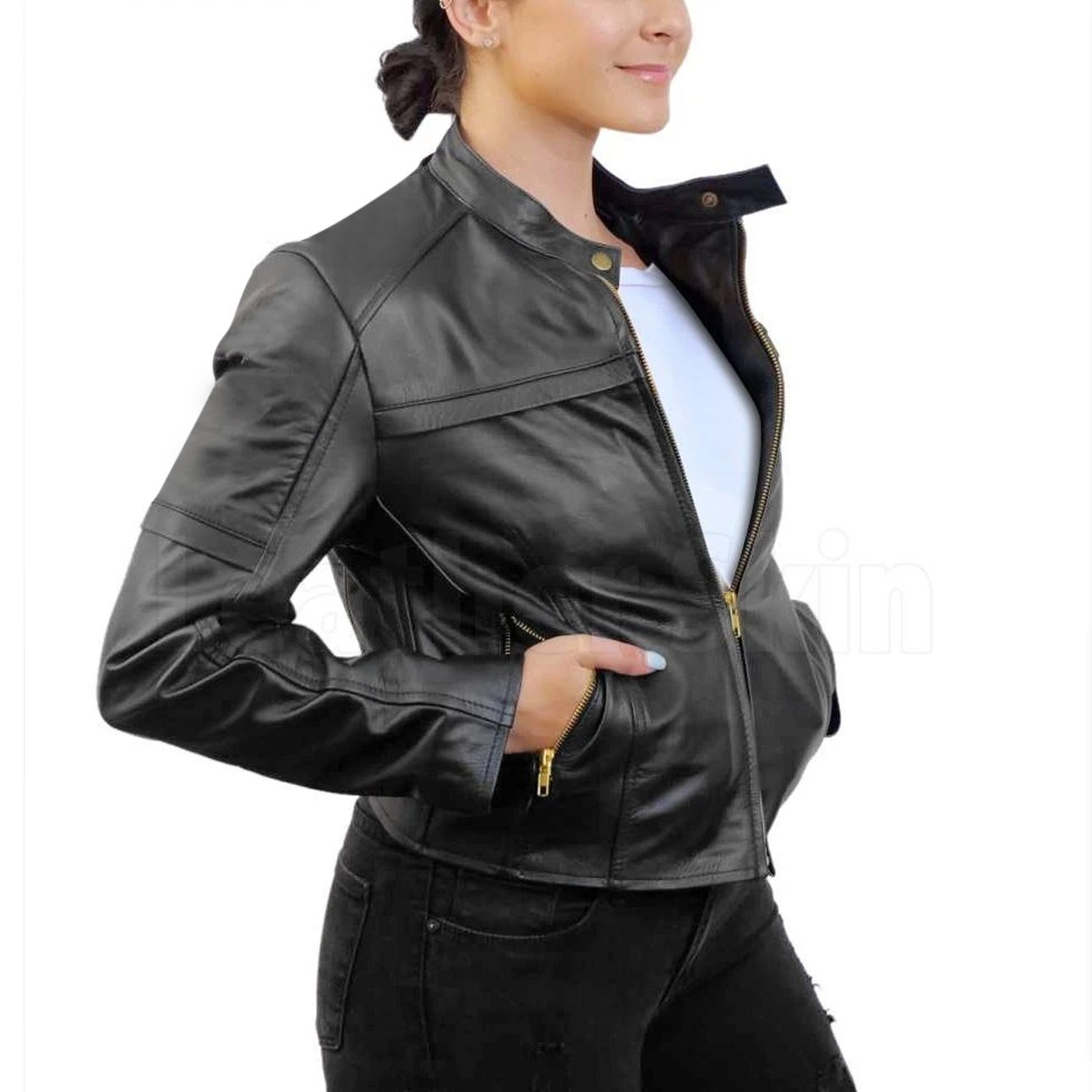 NWT Black Brando Women Genuine Leather Jacket - Leather Skin Shop