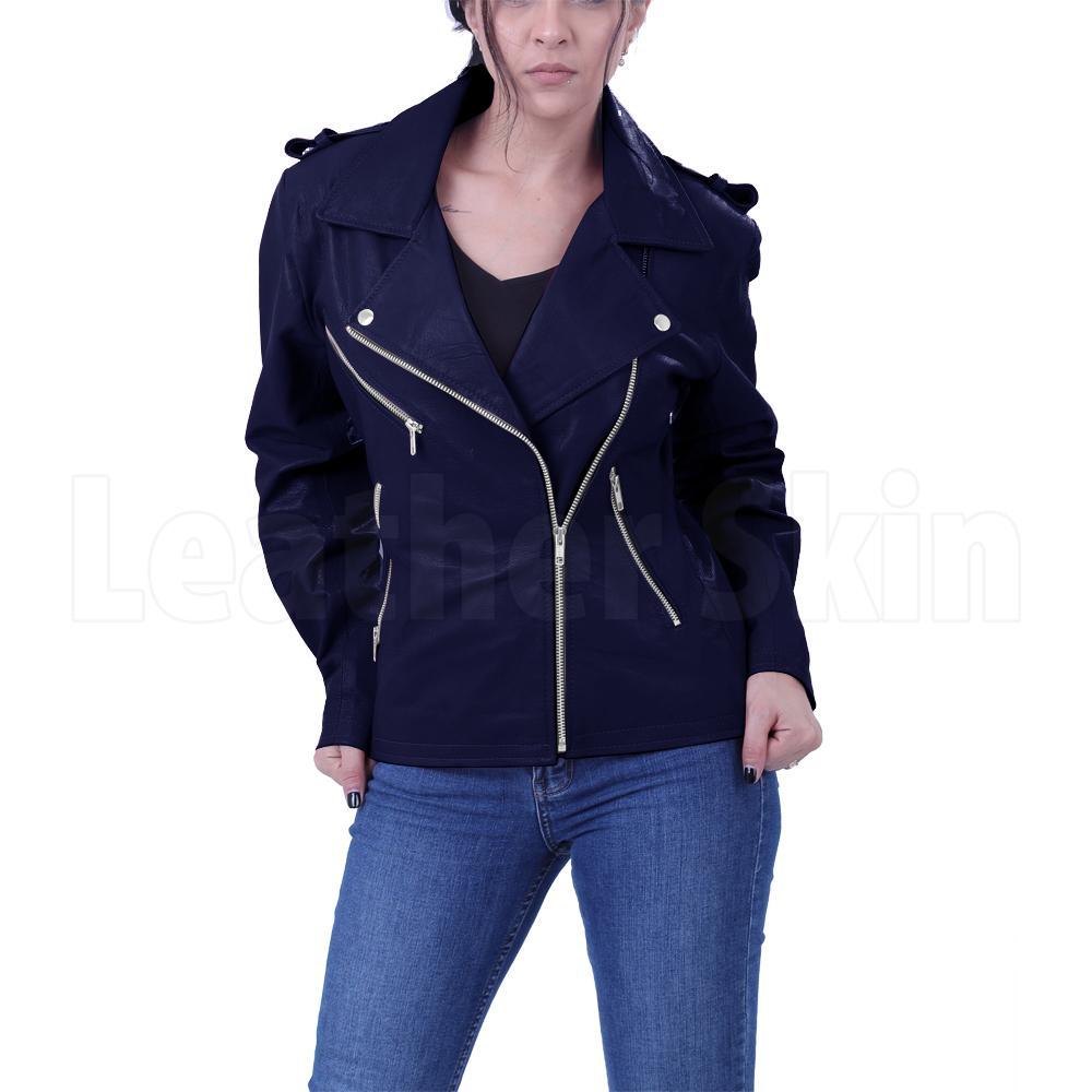 Women White Leather Jacket with Cone Tree Spikes - Leather Skin Shop