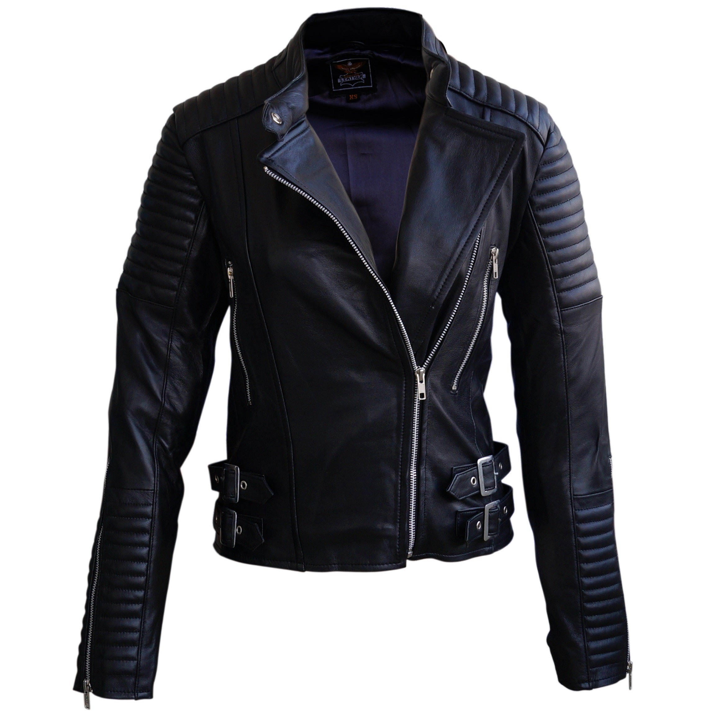 Leather Skin Women Black Brando Shoulder Sleeve Padded Genuine Leather Jacket