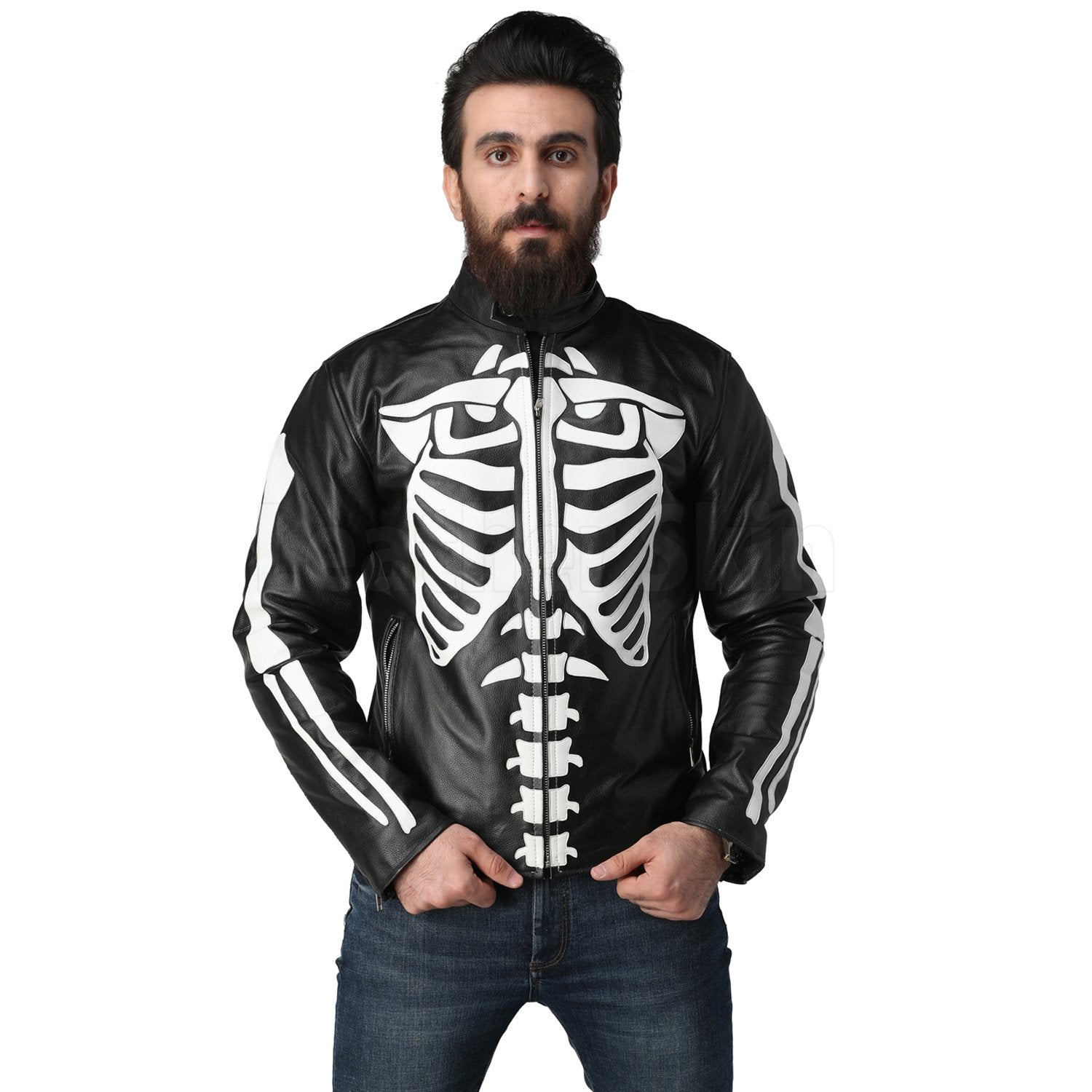 Black Biker Leather Jacket with White Skeleton