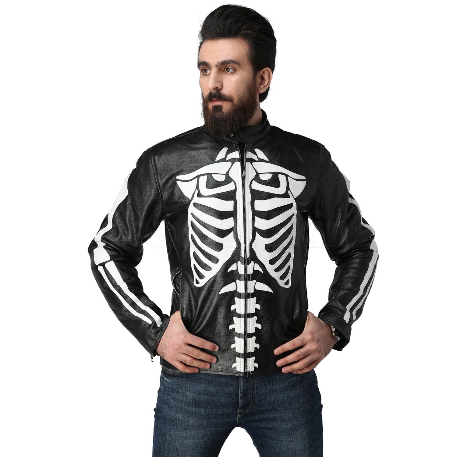 Black Biker Leather Jacket with White Skeleton