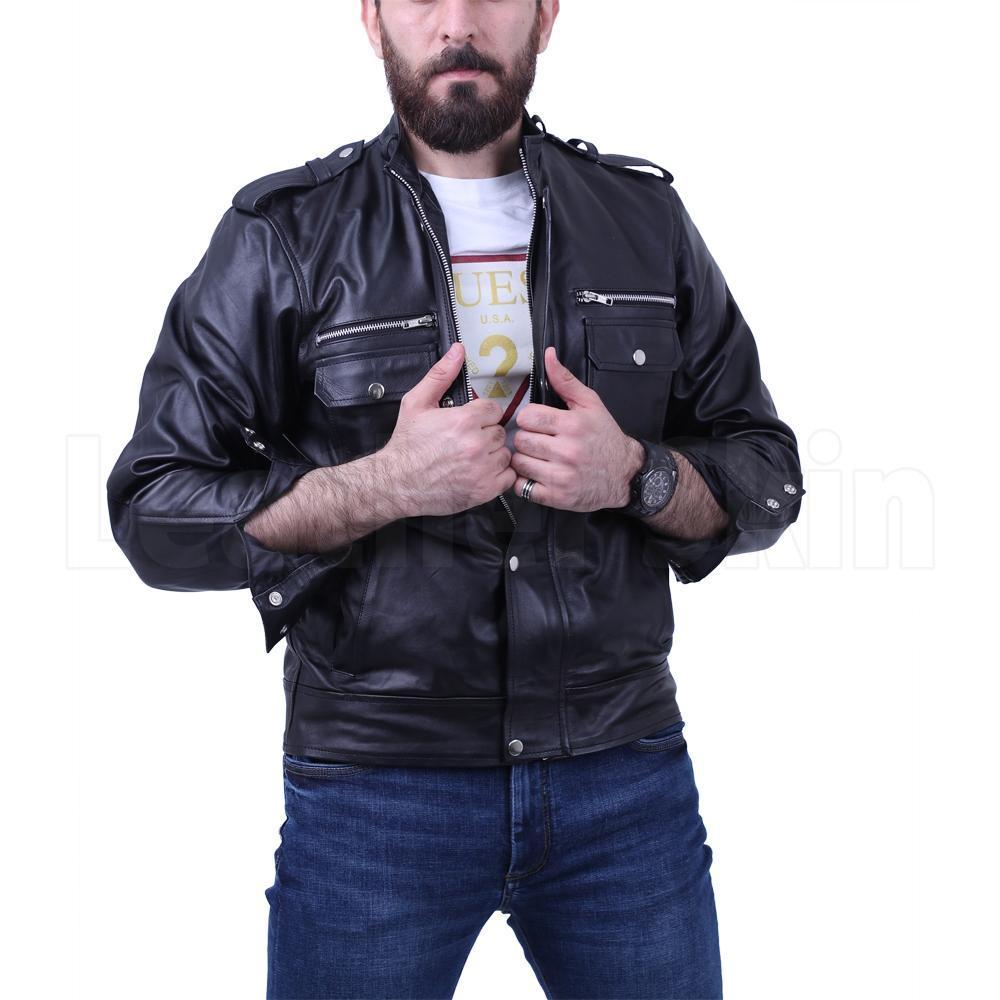 Black leather jacket with side pocket