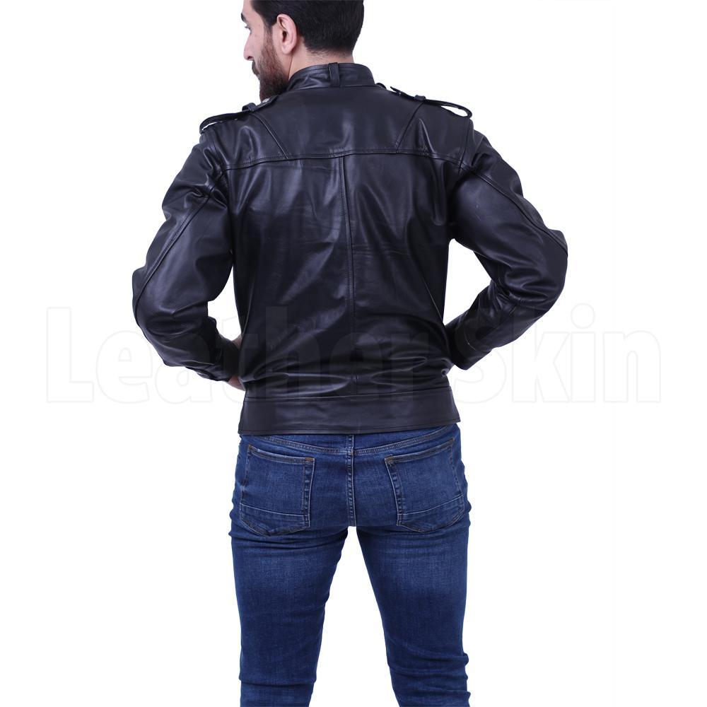 Black leather jacket with side pocket