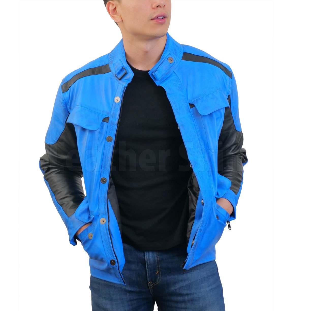 Blue Combo Biker Leather Jacket