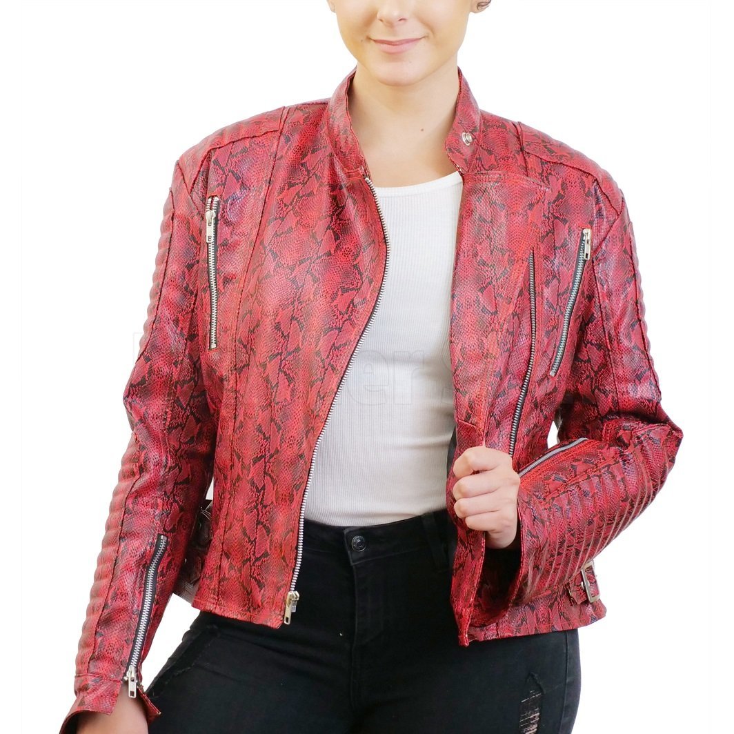 Bold Red Snake Pattern Faux Leather Jacket