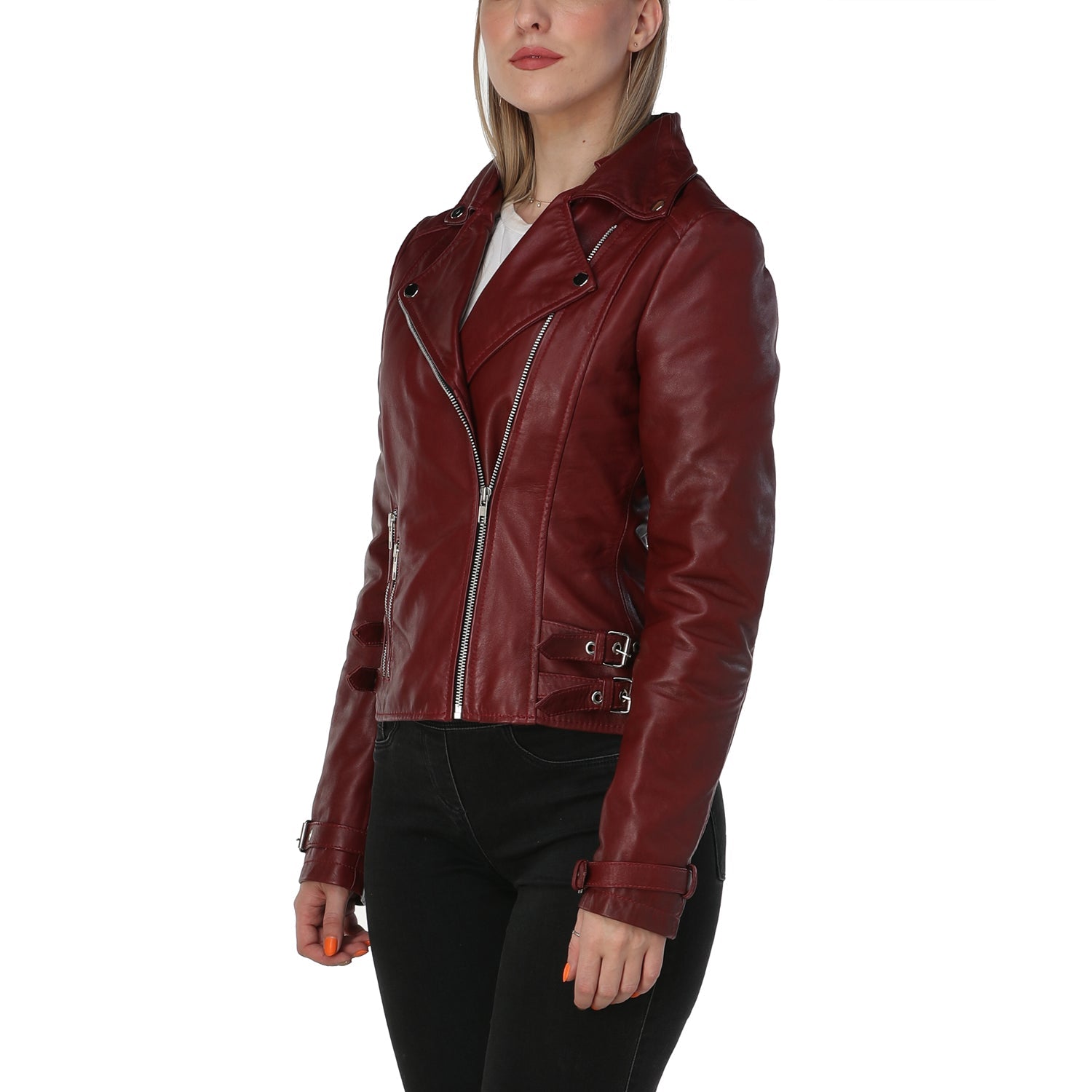 Burgundy Leather Jacket Womens with Asymmetric Zipper