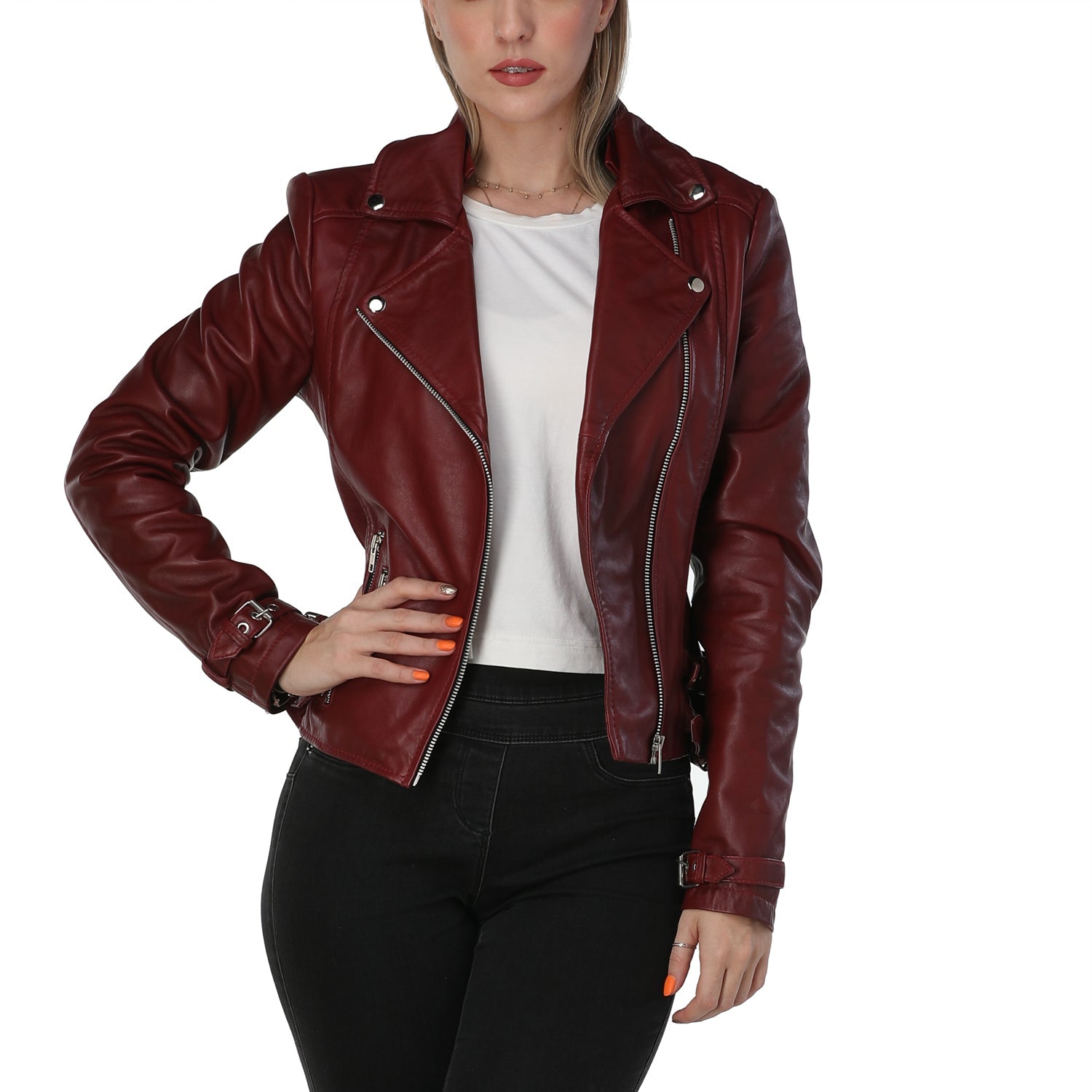 Burgundy Leather Jacket Womens with Asymmetric Zipper